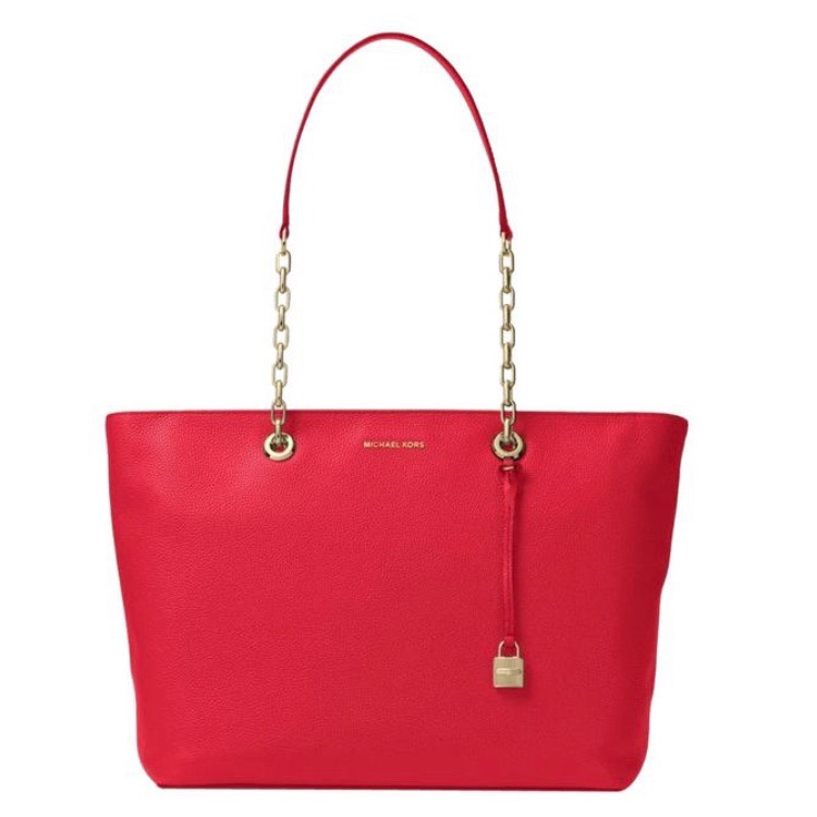 Michael Kors Mercer Bright Red Chain Leather Tote.
